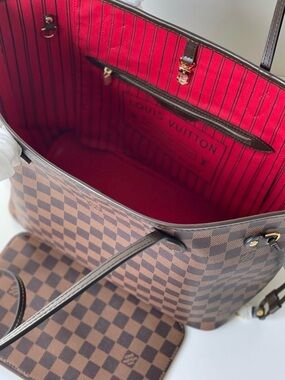 Luxury Brown Check Tote Bag with Red Interior